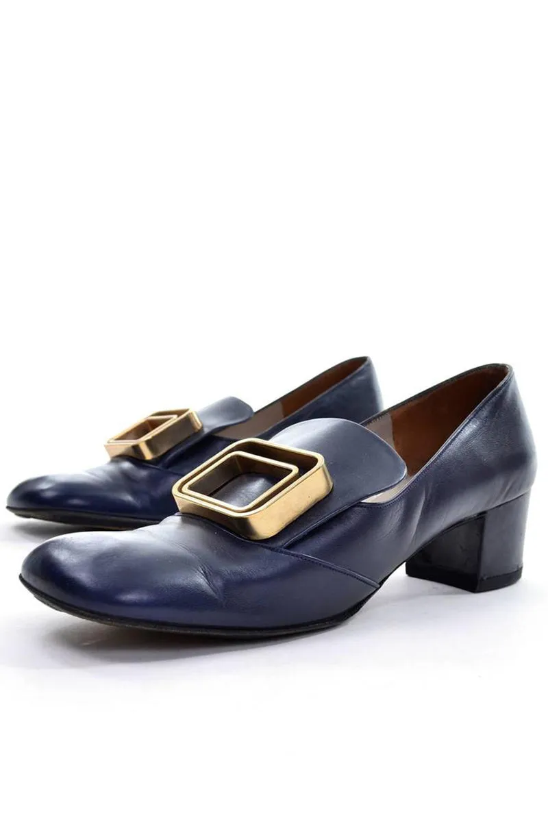 1960s Pierre Cardin Navy Blue Leather Pilgrim Shoes w/ Gold Buckles