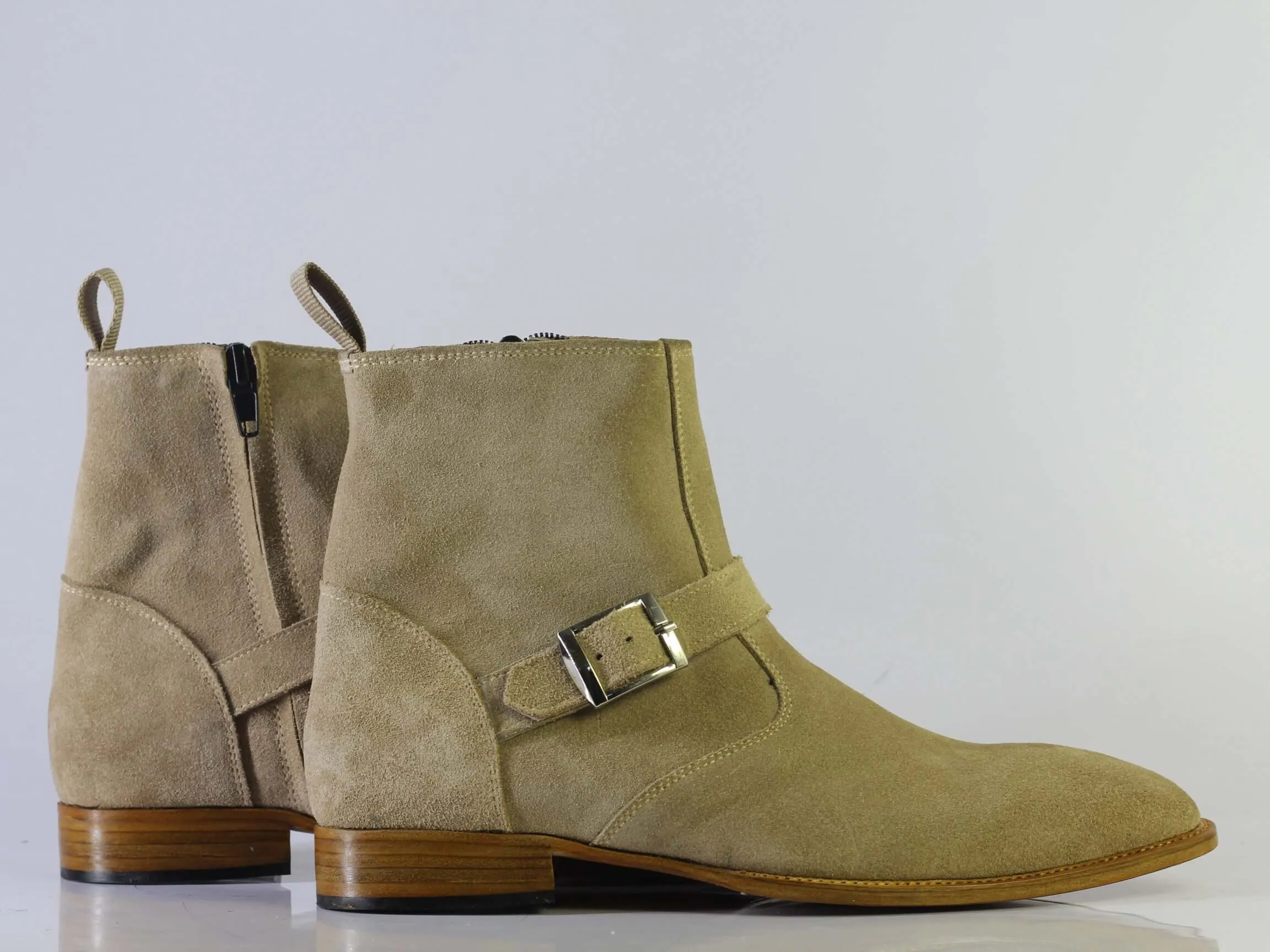 Bespoke Beige Suede Ankle Buckle Up Boots