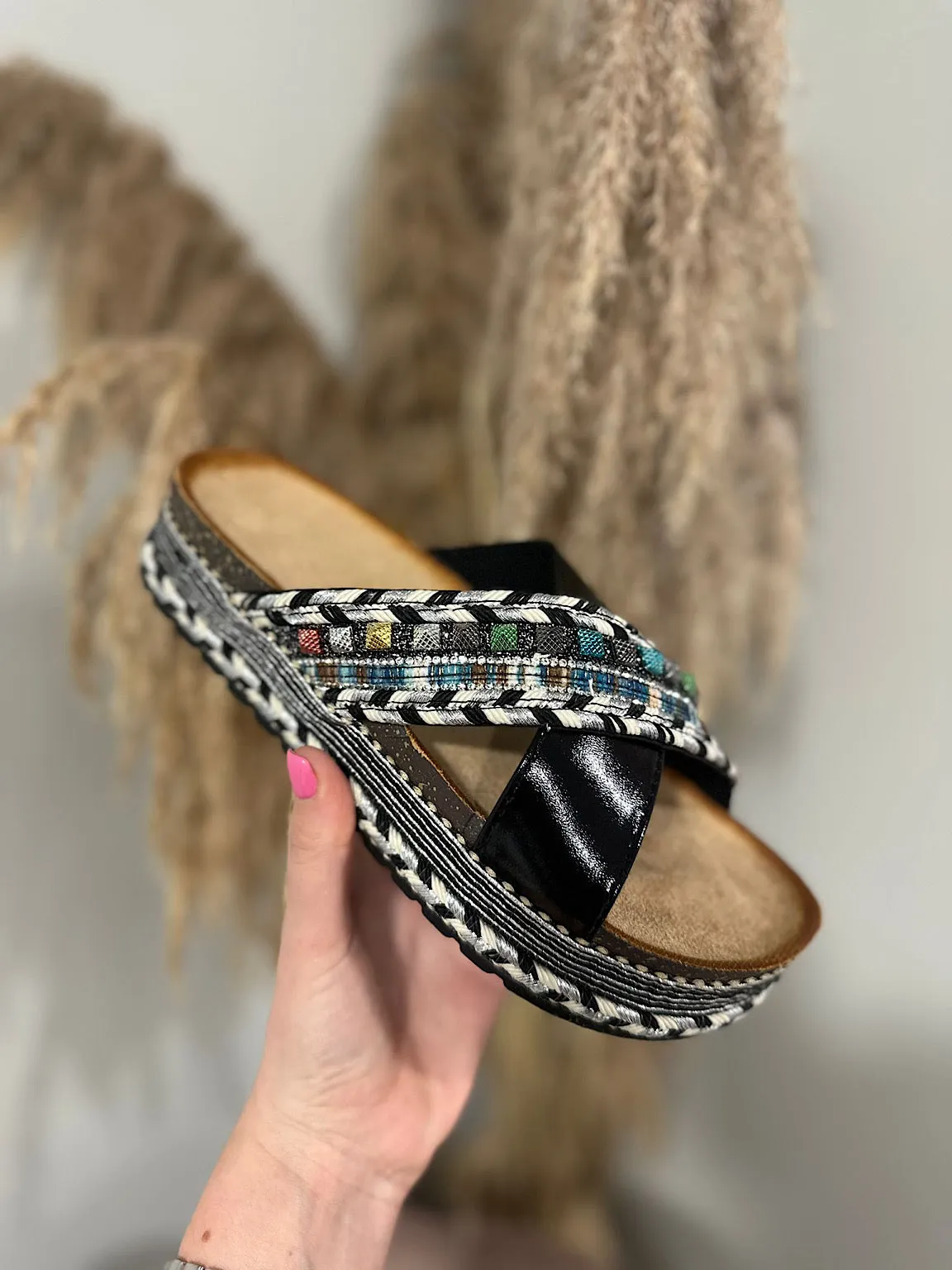 Black Embellished Weave Sliders