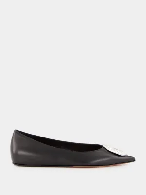 Black Nappa Camelia Flat with White Buckle