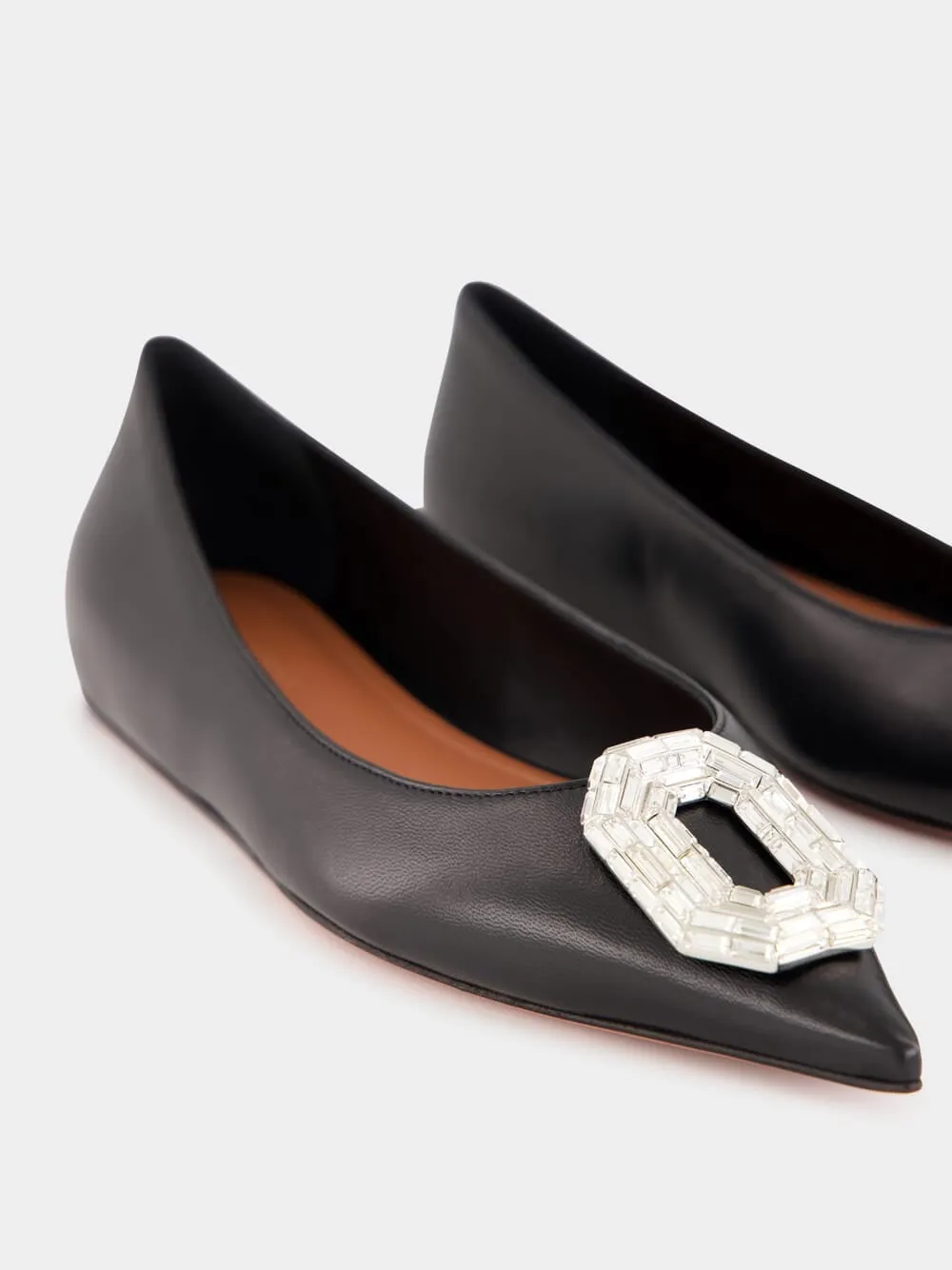 Black Nappa Camelia Flat with White Buckle