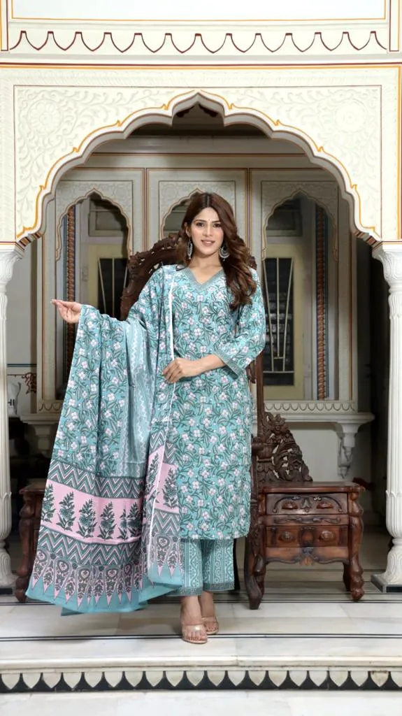 Blue Block Print Suit Set With Dupatta