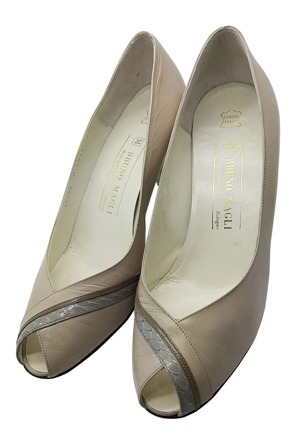 BRUNO MAGLI Cream and Silver Peep Toe Pumps (37.5)