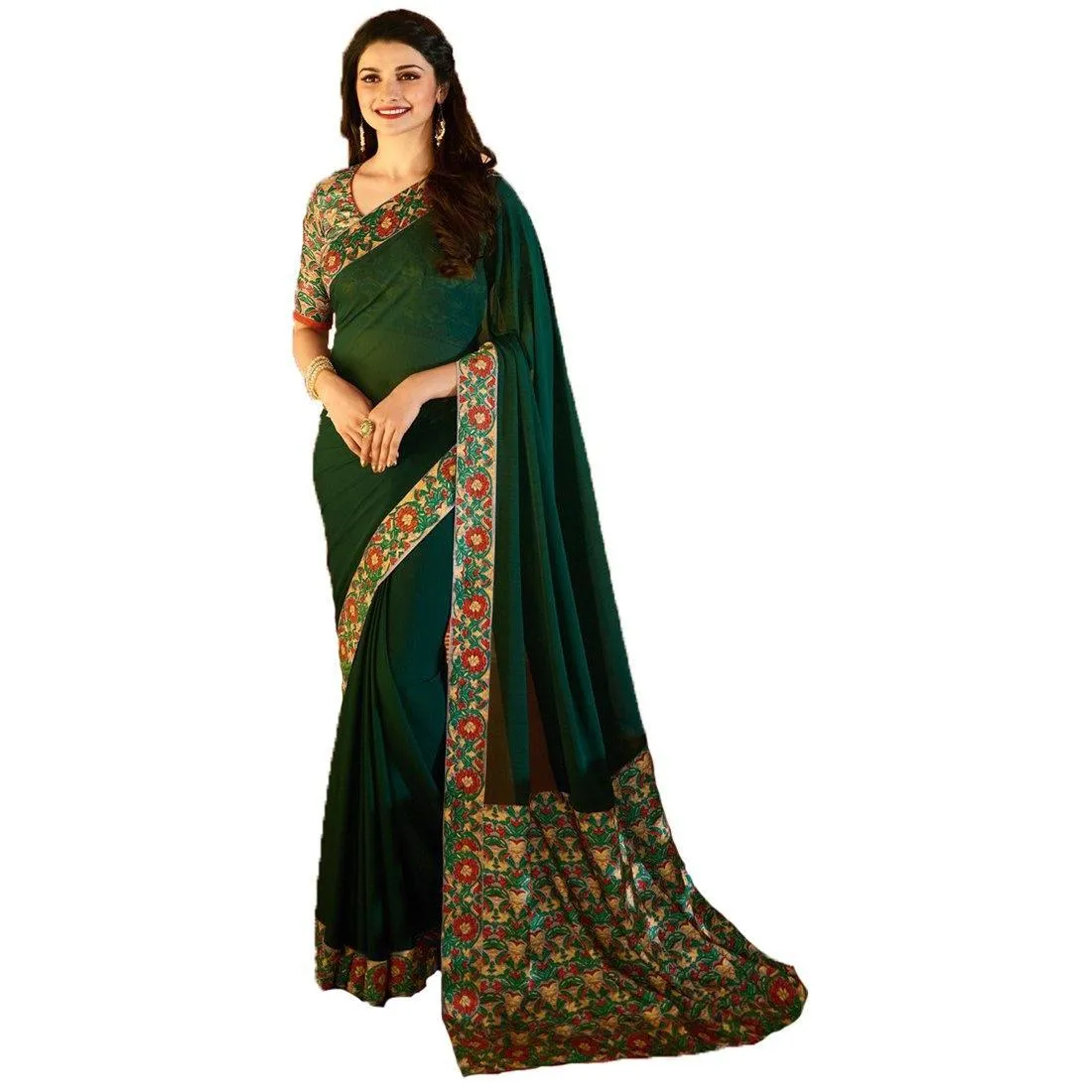 Dazzling Dark Green Colored Designer Georgette Saree