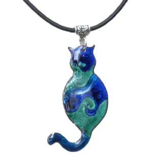 Enamel on Copper Cat Pendant Necklace Chilean