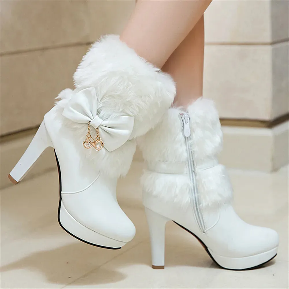 Fashion High Heel Boots Fur Tassel Bowtie Lovely Lolita Party Shoes