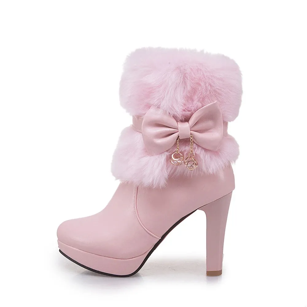 Fashion High Heel Boots Fur Tassel Bowtie Lovely Lolita Party Shoes