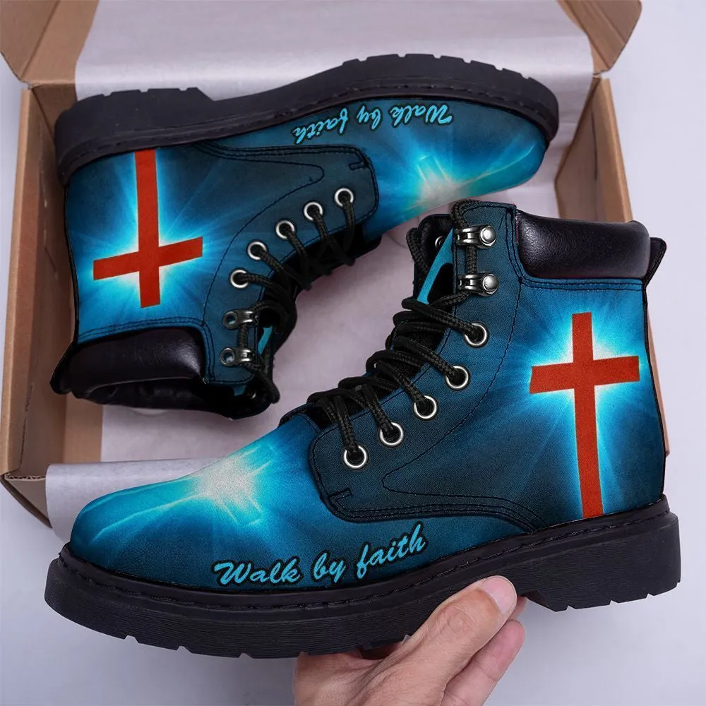 Jesus Walk By Faith Leather Boots Blue - Christian Shoes For Men And Women