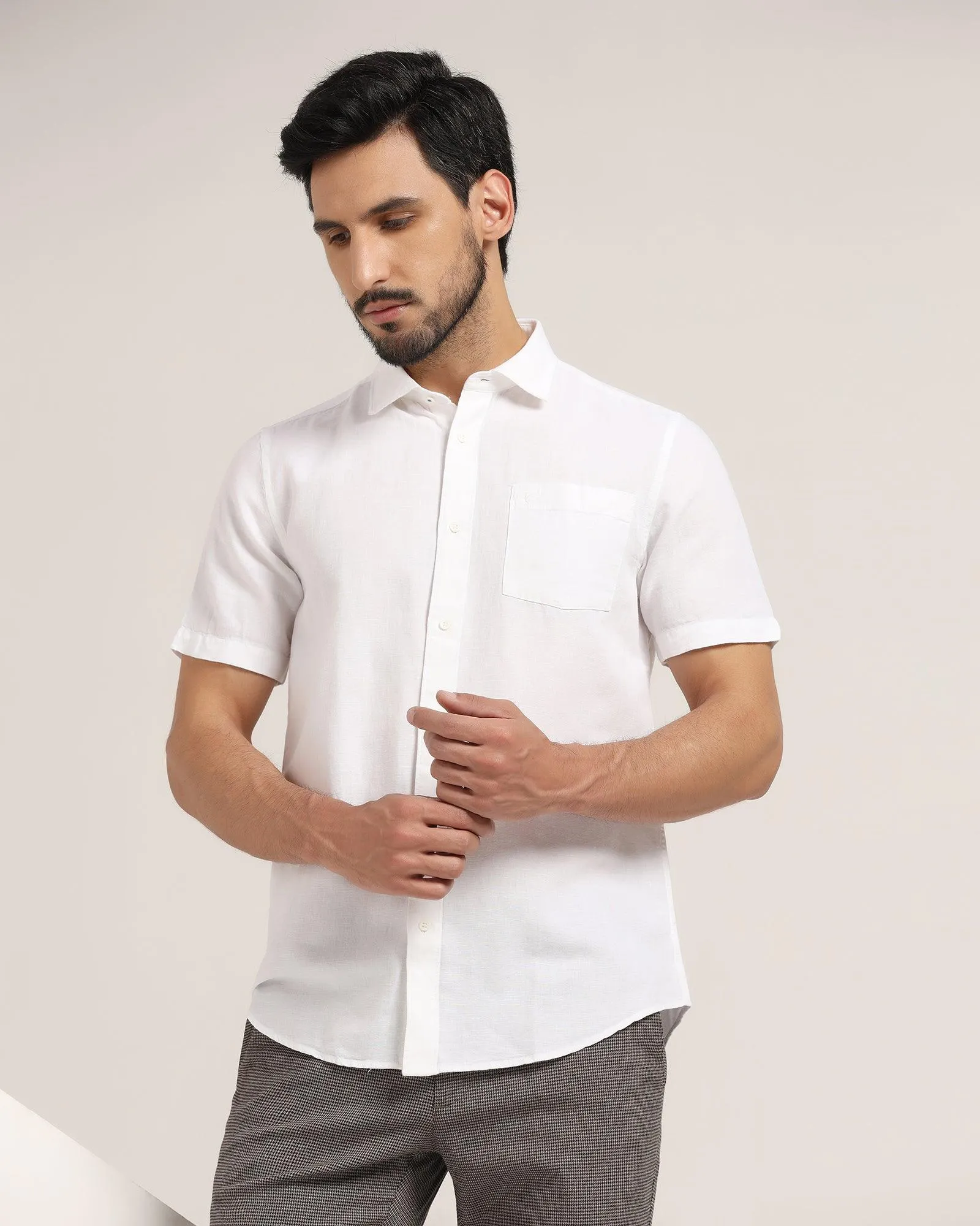 Linen Formal Half Sleeve White Solid Shirt - Lang