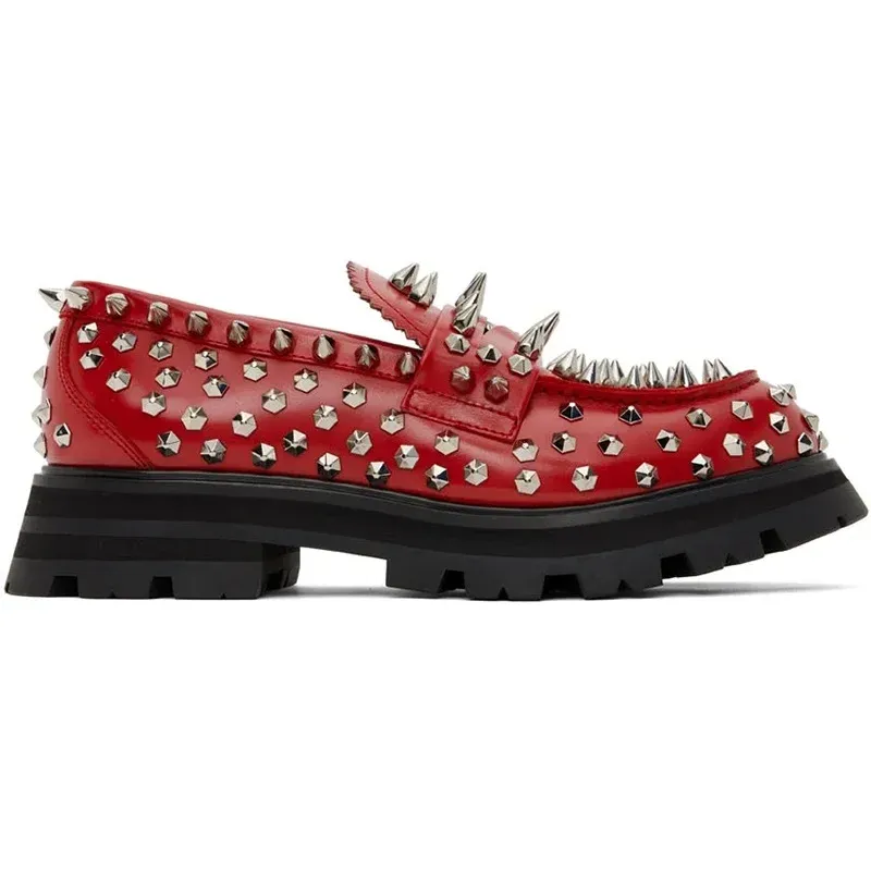 Red Spikes Rivets Leather Loafers