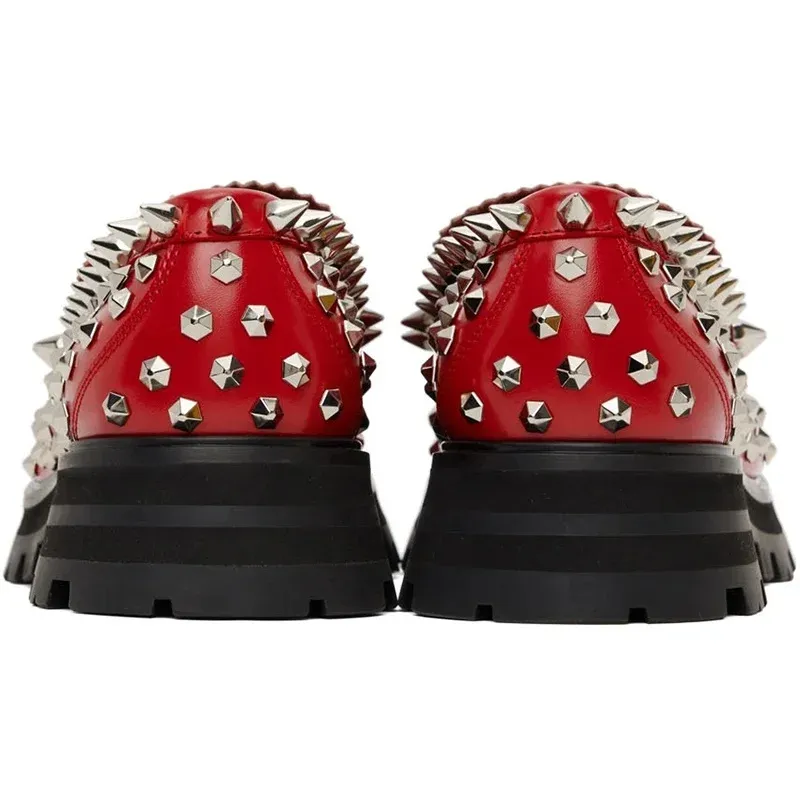 Red Spikes Rivets Leather Loafers