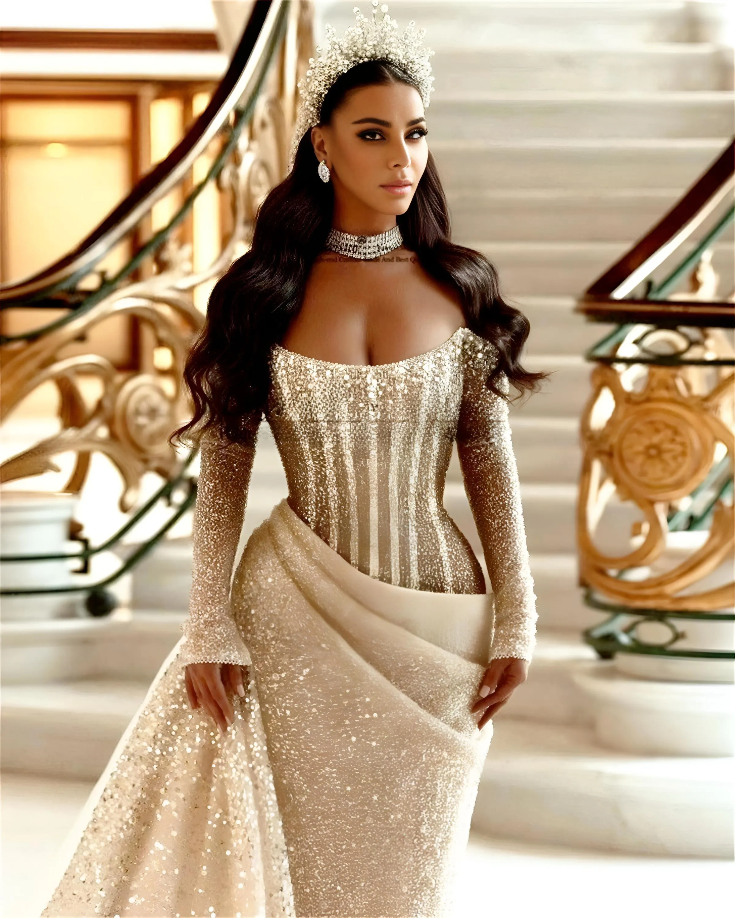 Royal Saudi Glitter Evening Dress Mermaid Sparkly Pleats Off Shoulder Long Shiny Sleeves Long Pleat Court Train