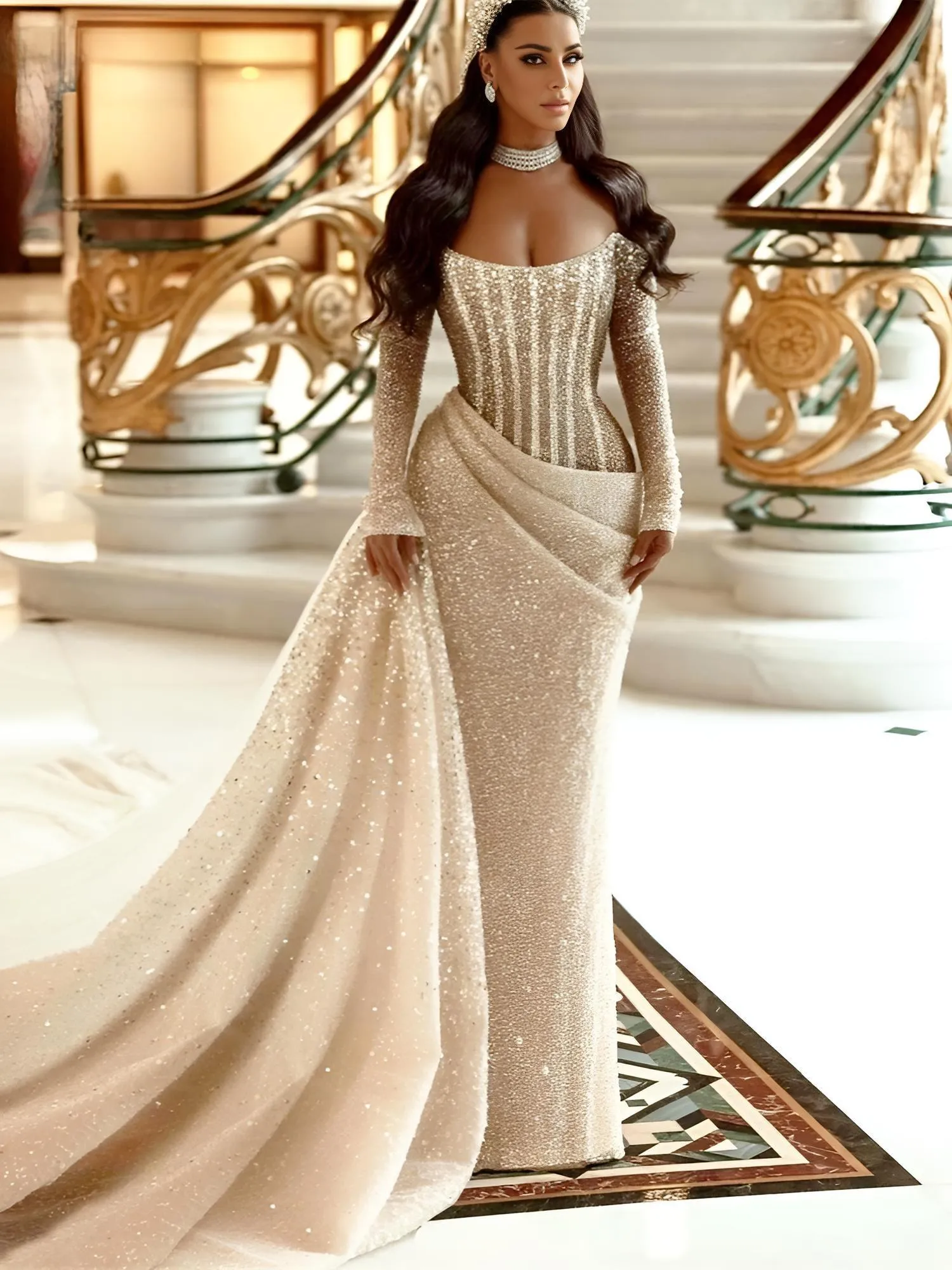 Royal Saudi Glitter Evening Dress Mermaid Sparkly Pleats Off Shoulder Long Shiny Sleeves Long Pleat Court Train