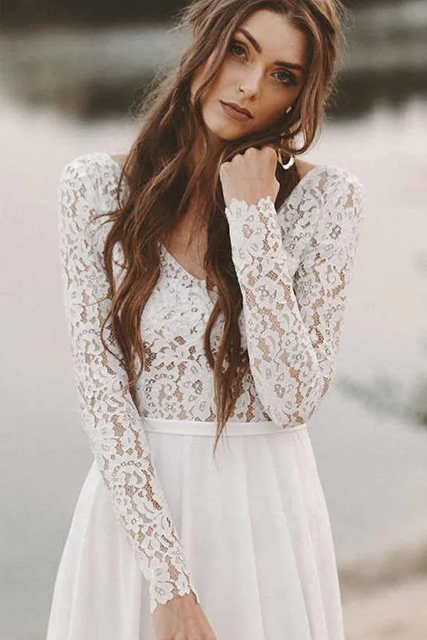 Simple V Neck Open Back Long Sleeves Lace Beach Wedding Dresses WD474