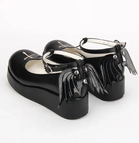 Uniwim Gothic lolita shoes anime cosplay shoes lolita loli cos fashion women shoes black halloween embroidery cross angel wings shoes