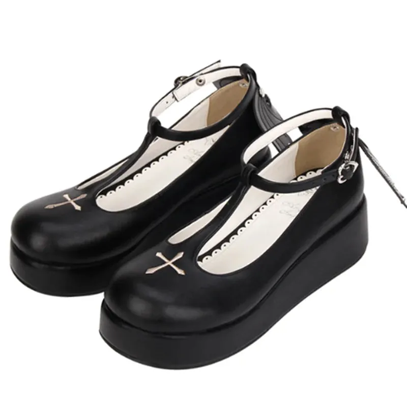 Uniwim Gothic lolita shoes anime cosplay shoes lolita loli cos fashion women shoes black halloween embroidery cross angel wings shoes