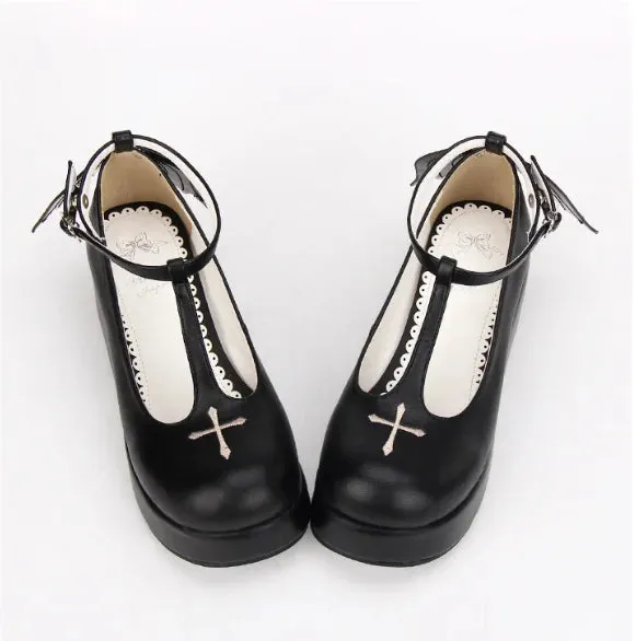 Uniwim Gothic lolita shoes anime cosplay shoes lolita loli cos fashion women shoes black halloween embroidery cross angel wings shoes