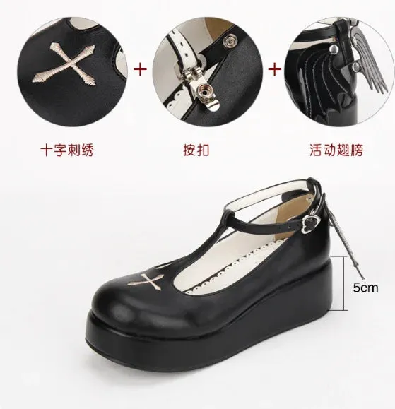 Uniwim Gothic lolita shoes anime cosplay shoes lolita loli cos fashion women shoes black halloween embroidery cross angel wings shoes