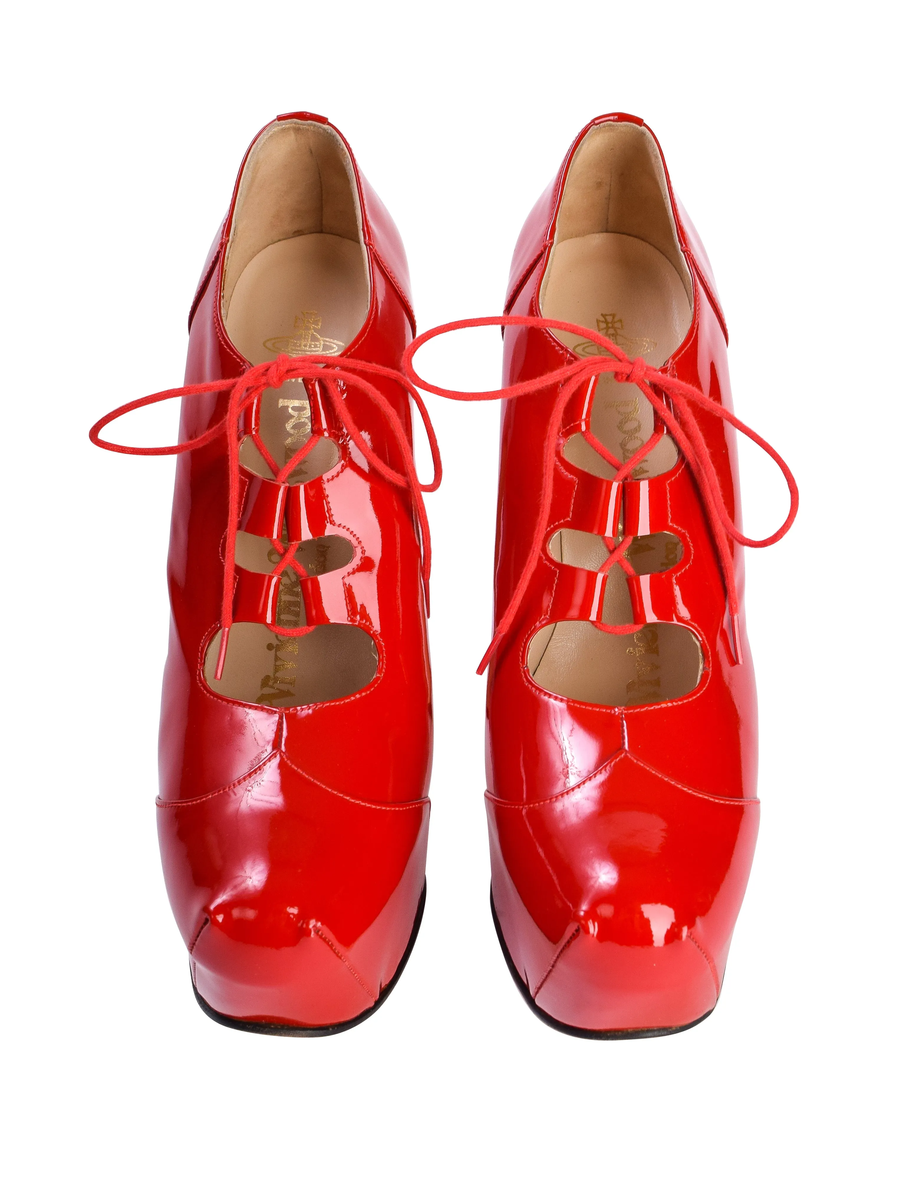 Vivienne Westwood Vintage AW 1993 Iconic 'Anglomania' Collection Red Patent Elevated Ghillie Heels