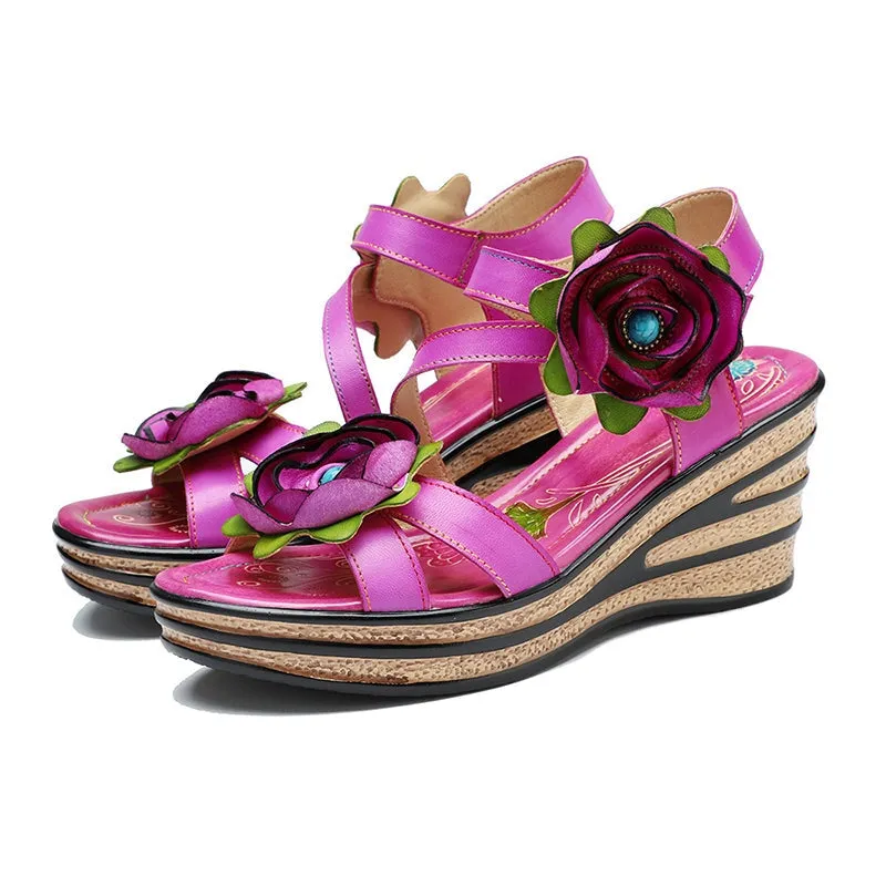 Wedge Sandals Women Leather Peep Toe with Flowers Ladies Gladiator Sandals